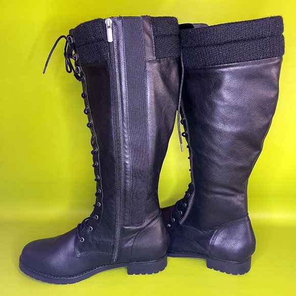 Torrid Knee Lace-up Sweater Boot in Black Pebbled Faux Leather 10.5WW - Picture 1 of 4